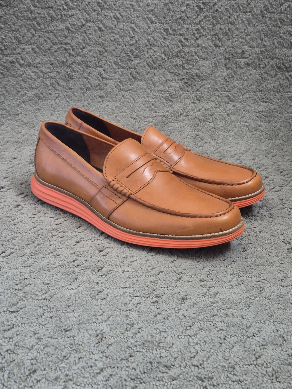 Cole Haan Men's Tan Leather Penny Loafers with Orange Sole